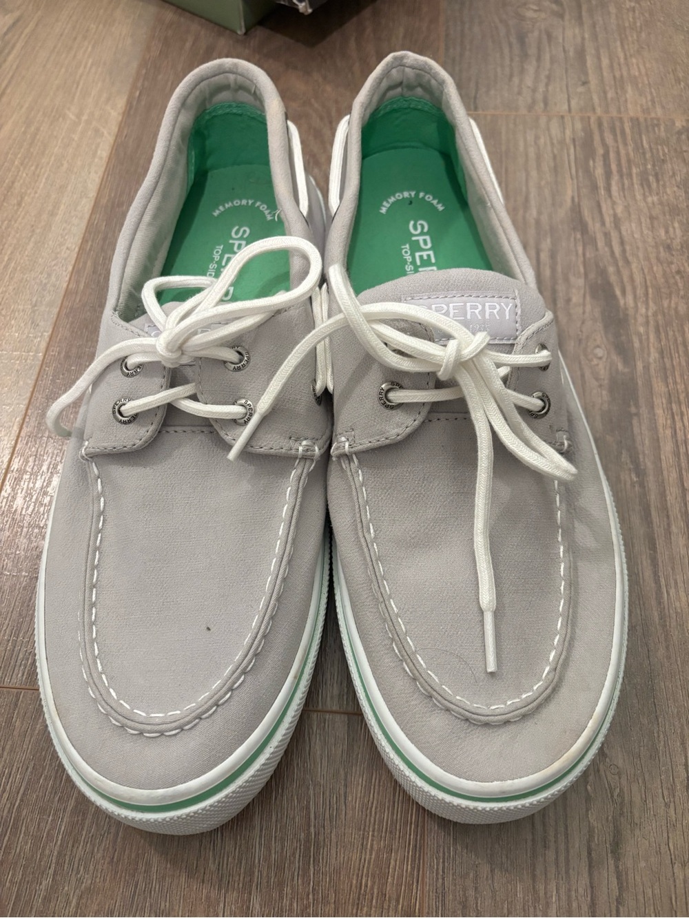 Sperry Light Gray Canvas Boat Shoes with White Laces